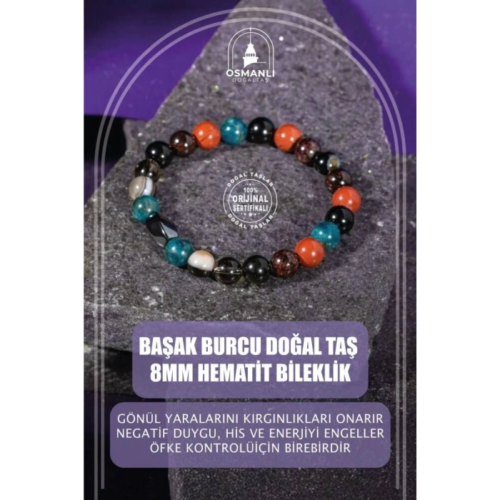 Başak Burcu Bileklik Bordo Granat Lal, Dumanlı Kuvars, Golden Obsidyen, Jasper, Mavi Apatit, Siyah Göz Akik