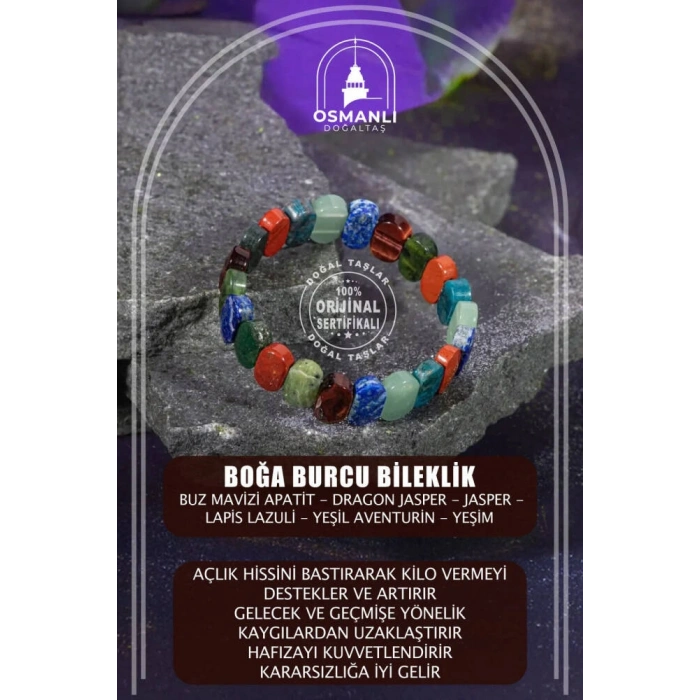 Boğa Burcu Bileklik Buz Mavizi Apatit, Dragon Jasper, Jasper, Lapis Lazuli, Yeşil Aventurin, Yeşim