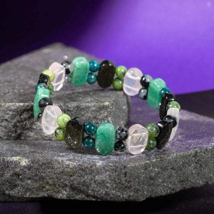 Boğa Burcu Bileklik Golden Obsidyen, Mavi Apatit, Pembe Kuvars, Rutilli Kuvars, Siyah Turmalin, Yeşil Aventurin, Yeşim