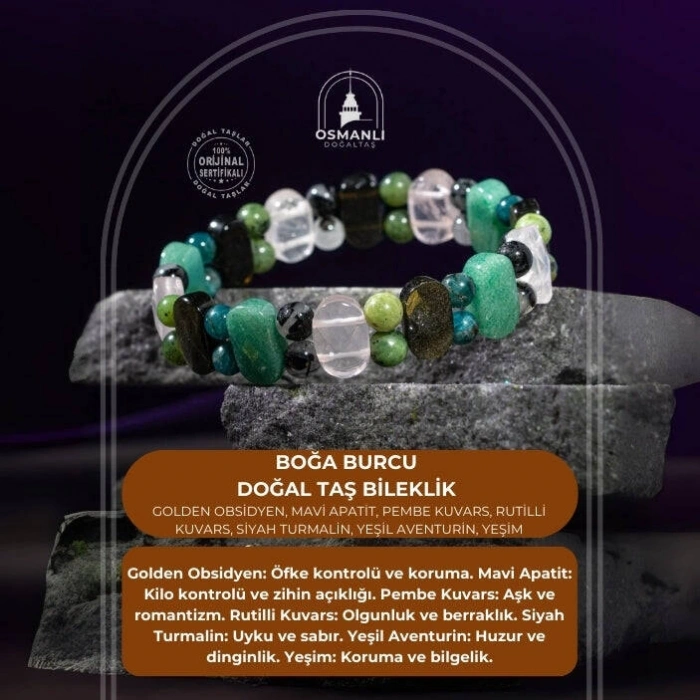 Boğa Burcu Bileklik Golden Obsidyen, Mavi Apatit, Pembe Kuvars, Rutilli Kuvars, Siyah Turmalin, Yeşil Aventurin, Yeşim