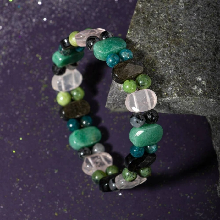 Boğa Burcu Bileklik Golden Obsidyen, Mavi Apatit, Pembe Kuvars, Rutilli Kuvars, Siyah Turmalin, Yeşil Aventurin, Yeşim