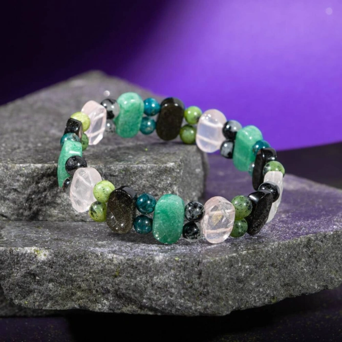 Boğa Burcu Bileklik Golden Obsidyen, Mavi Apatit, Pembe Kuvars, Rutilli Kuvars, Siyah Turmalin, Yeşil Aventurin, Yeşim