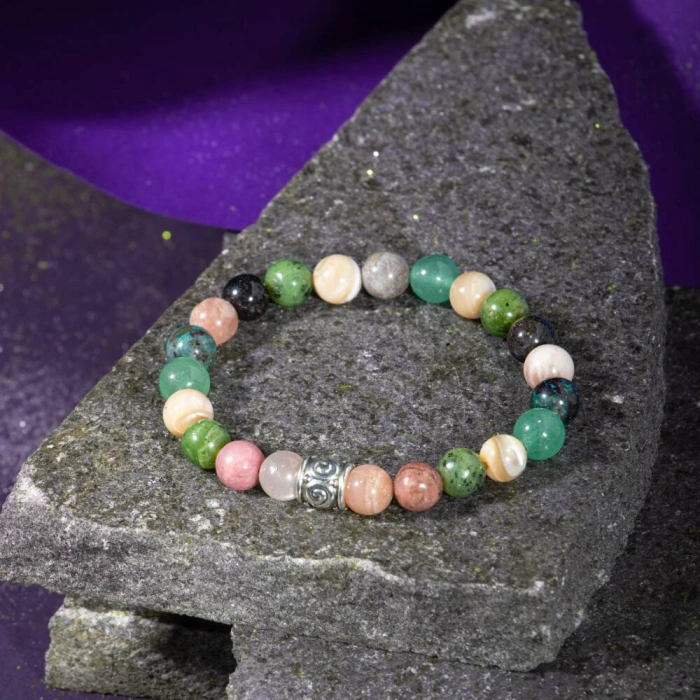 Boğa Burcu Bileklik Güneş Taşı, Krizokol, Obsidyen, Rodonit, Sedef, Yeşil Aventurin, Yeşim