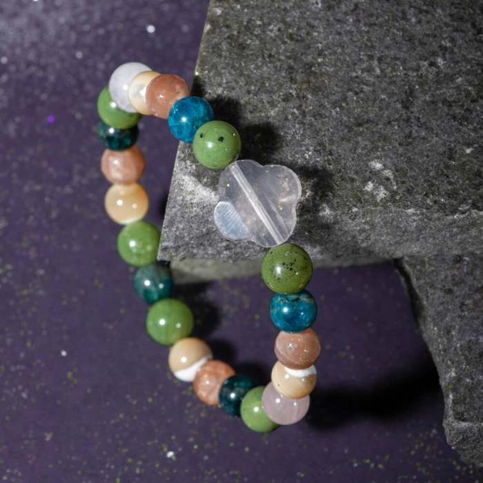 Boğa Burcu Bileklik Güneş Taşı, Mavi Apatit, Pembe Kuvars, Sedef, Yeşim