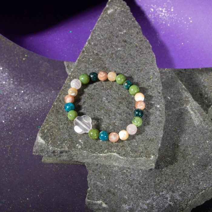 Boğa Burcu Bileklik Güneş Taşı, Mavi Apatit, Pembe Kuvars, Sedef, Yeşim