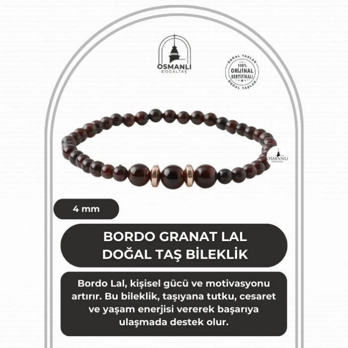 Bordo Granat Lal 4mm Doğal Taş Bileklik