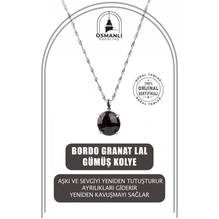 Bordo Granat Lal Doğal Taş Gümüş Zincir Kolye