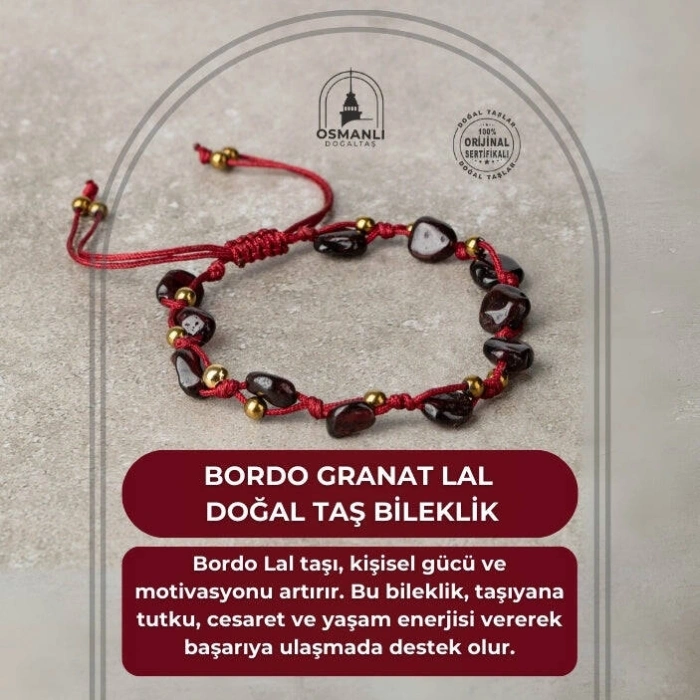 Bordo Granat Lal Natürel Kesim Doğal Taş Makrome Bileklik