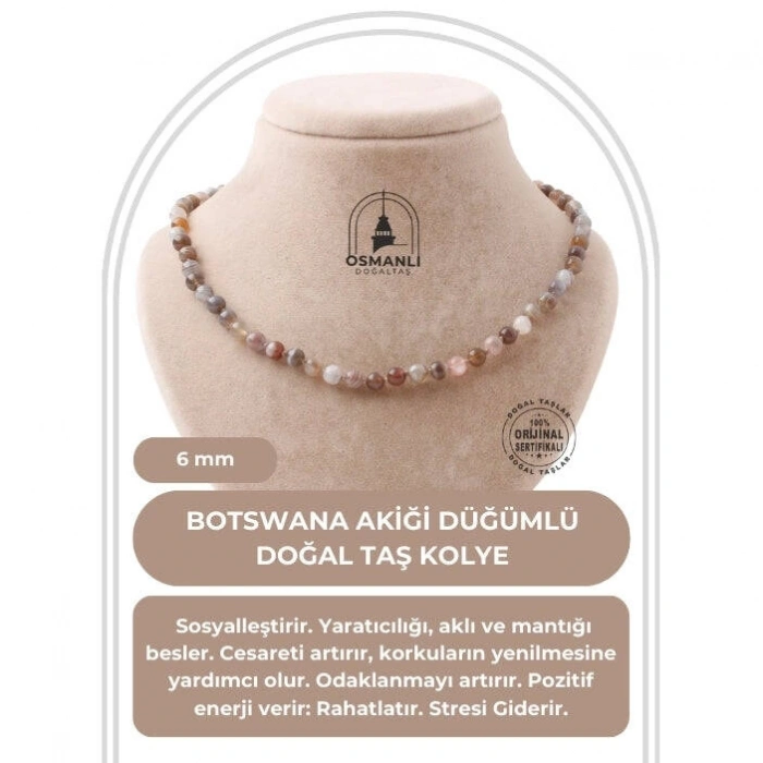 Botswana Akiği 6 mm Düğümlü Doğal Taş Kolye