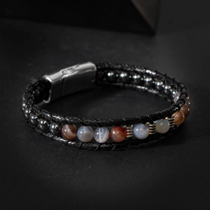 Botswana Akiği-Hematit Doğal Taş Erkek Makrome Bileklik