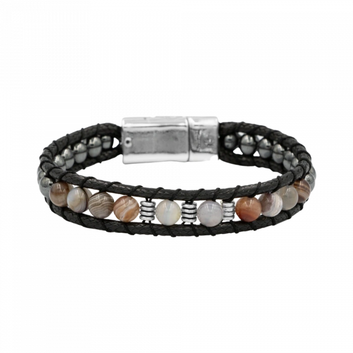 Botswana Akiği-Hematit Doğal Taş Erkek Makrome Bileklik