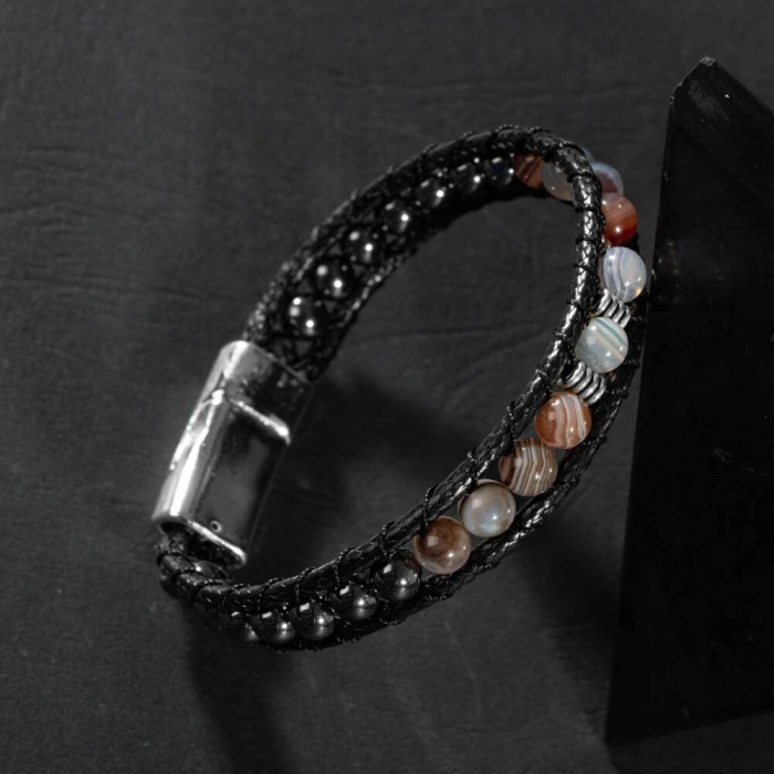 Botswana Akiği-Hematit Doğal Taş Erkek Makrome Bileklik