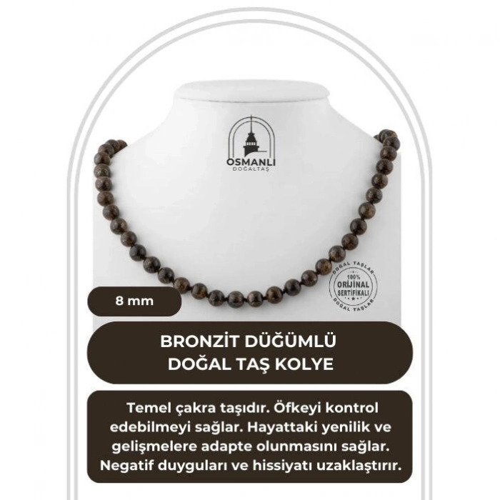 Bronzit 8 mm Düğümlü Doğal Taş Kolye