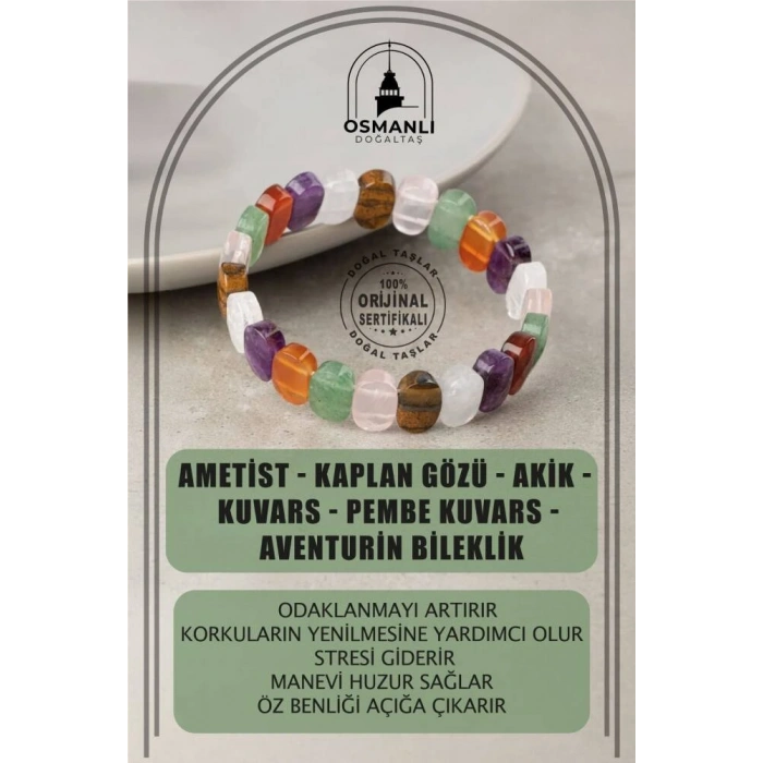 Çakra Bileklik Ametist, Kaplan Gözü, Akik, Kuvars, Pembe Kuvars, Aventurin