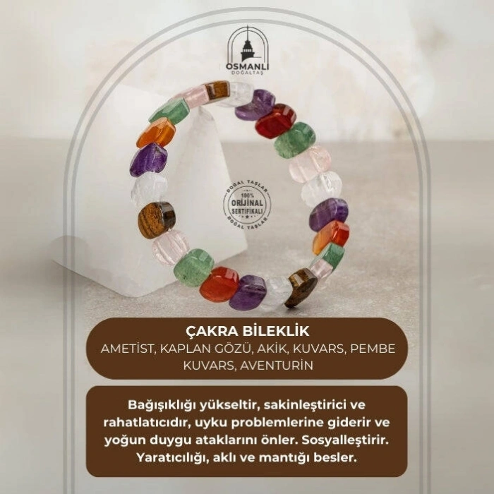 Çakra Bileklik Ametist, Kaplan Gözü, Akik, Kuvars, Pembe Kuvars, Aventurin