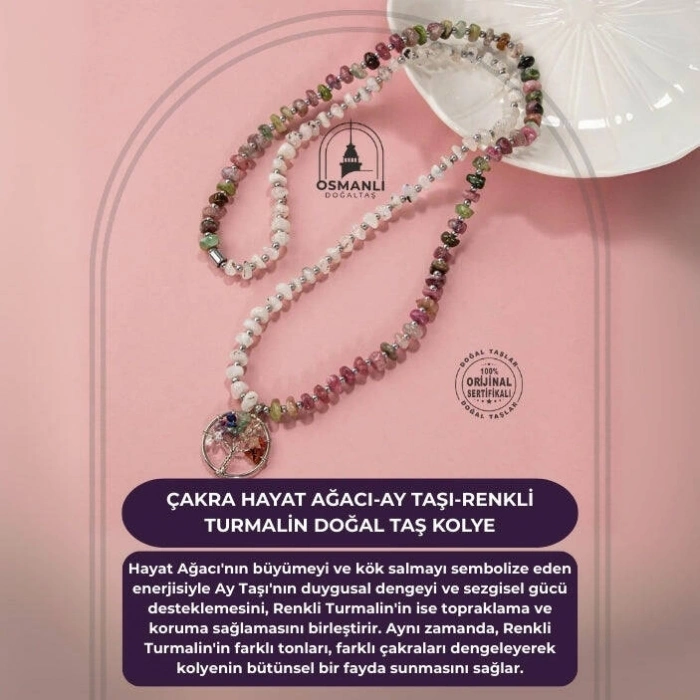 Çakra Hayat Ağacı-Ay Taşı-Renkli Turmalin Doğal Taş Kolye