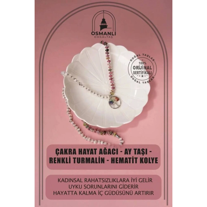 Çakra Hayat Ağacı-Ay Taşı-Renkli Turmalin Doğal Taş Kolye