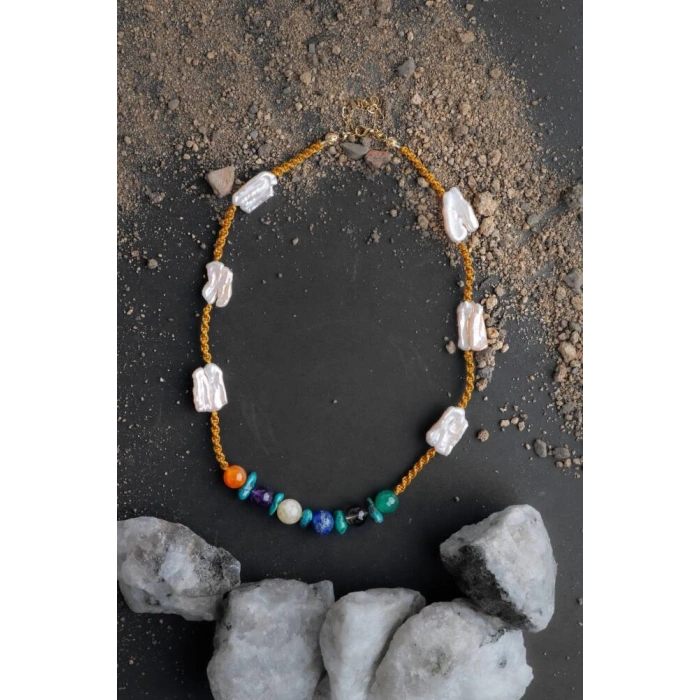 Çakra İnci Kolye Ametist, Dumanlı Kuvars, İnci, Lapis Lazuli, Sitrin