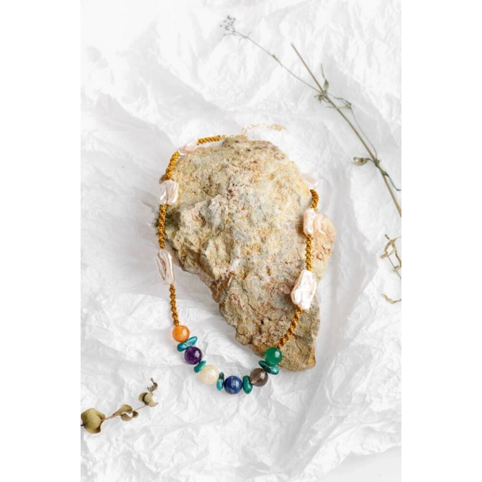 Çakra İnci Kolye Ametist, Dumanlı Kuvars, İnci, Lapis Lazuli, Sitrin