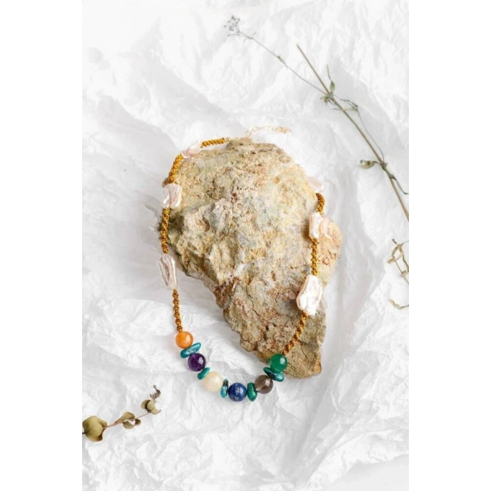 Çakra İnci Kolye Ametist, Dumanlı Kuvars, İnci, Lapis Lazuli, Sitrin