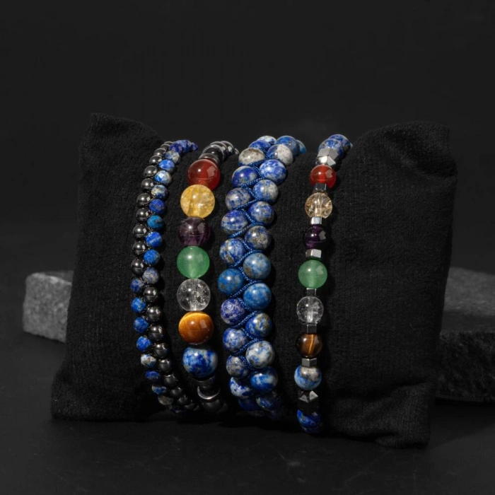Çakra-Lapis Bileklik Seti Ametist, Kaplan Gözü, Akik, Kuvars, Lapis