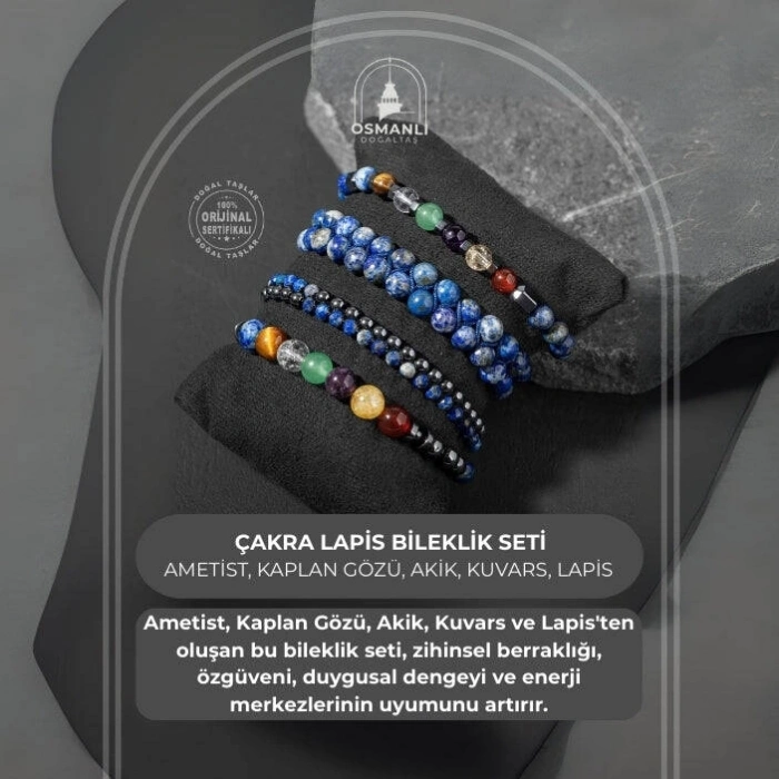 Çakra-Lapis Bileklik Seti Ametist, Kaplan Gözü, Akik, Kuvars, Lapis