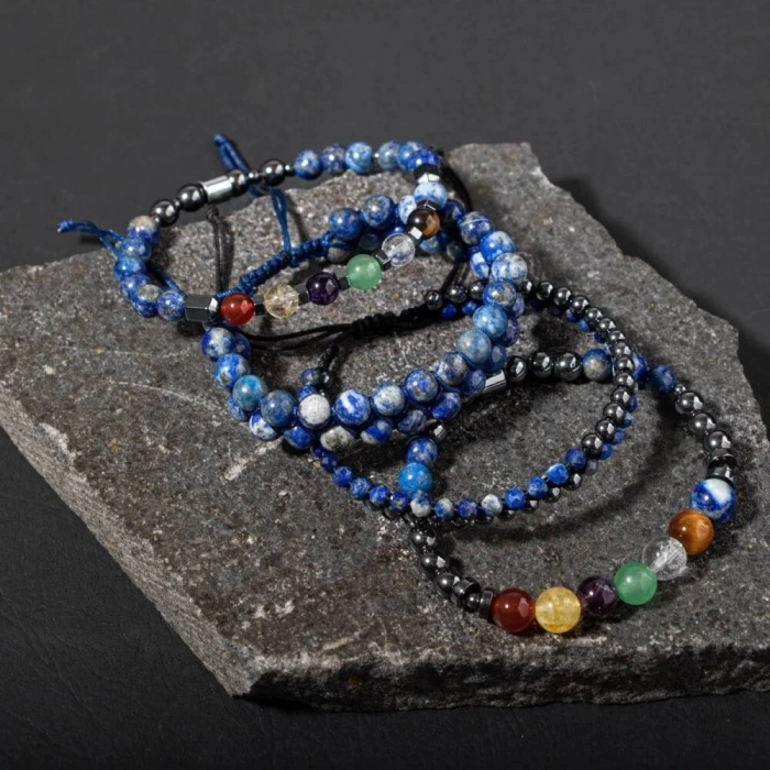 Çakra-Lapis Bileklik Seti Ametist, Kaplan Gözü, Akik, Kuvars, Lapis