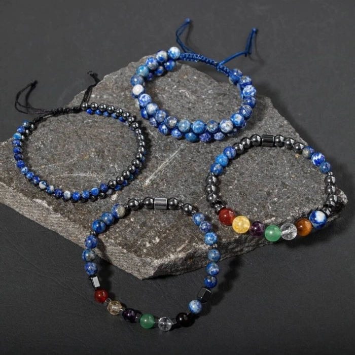 Çakra-Lapis Bileklik Seti Ametist, Kaplan Gözü, Akik, Kuvars, Lapis