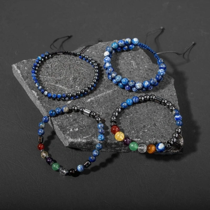 Çakra-Lapis Bileklik Seti Ametist, Kaplan Gözü, Akik, Kuvars, Lapis