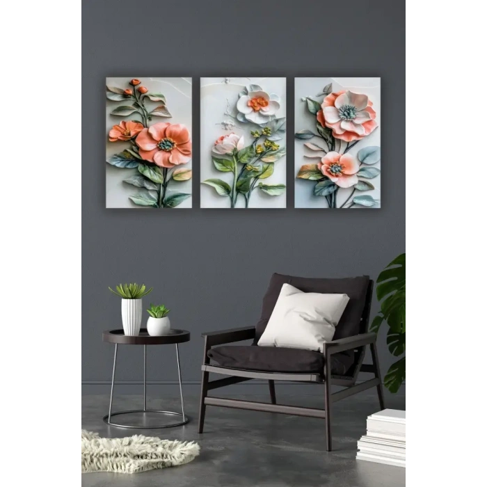 Çiçek 3d 3lü Mdf Tablo
