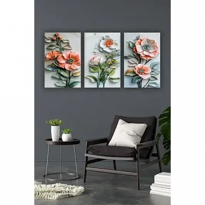 Çiçek 3d 3lü Mdf Tablo