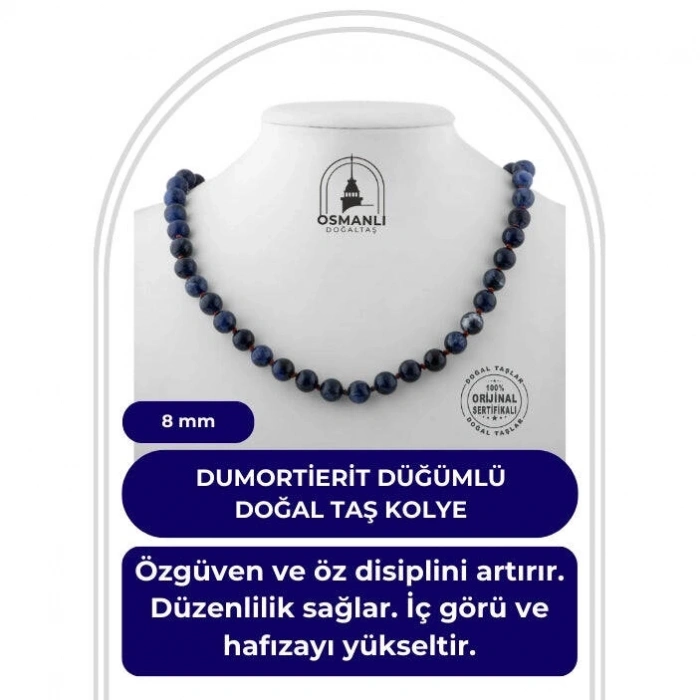 Dumortierit 8 mm Düğümlü Doğal Taş Kolye