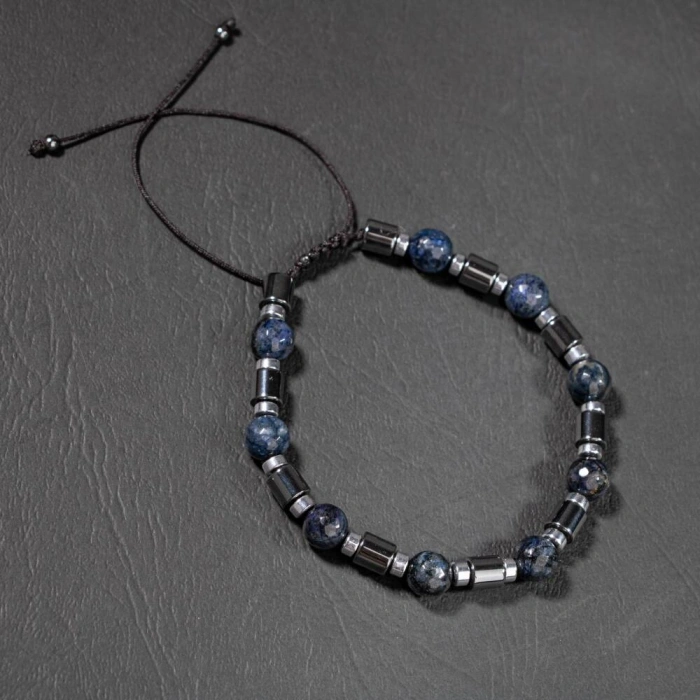 Dumortierit-Hematit Doğal Taş Erkek Makrome Bileklik