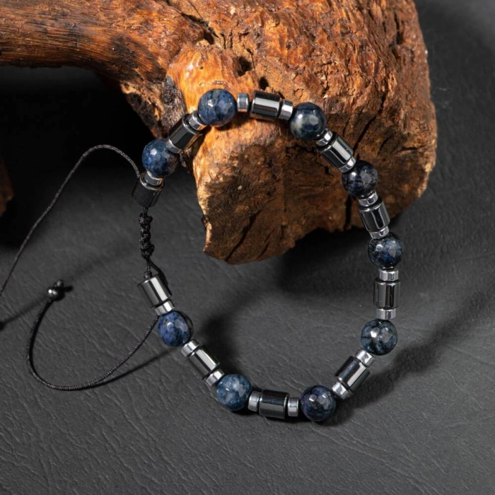 Dumortierit-Hematit Doğal Taş Erkek Makrome Bileklik