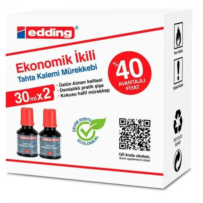 Edding Tahta Kalem Mürekkebi Kırmızı 2 Li 30ml BT30