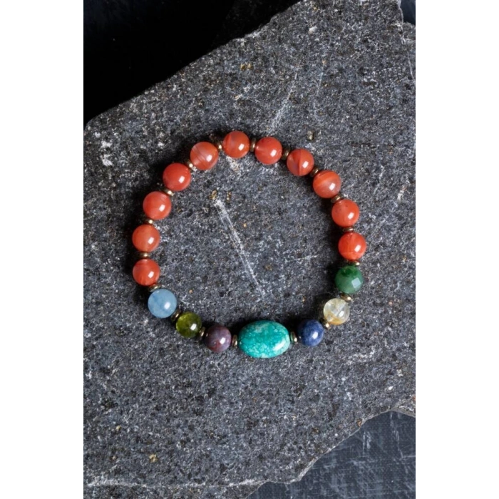 En Değerli Taşlardan Çakra Bilekliği Yemen Akiği, Yakut, Mavi Safir, Beyaz Topaz, Kiyanit, Zümrüt, Turkuaz, Zebercet