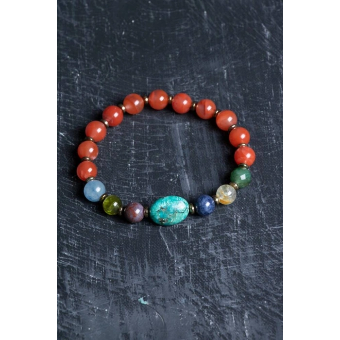 En Değerli Taşlardan Çakra Bilekliği Yemen Akiği, Yakut, Mavi Safir, Beyaz Topaz, Kiyanit, Zümrüt, Turkuaz, Zebercet