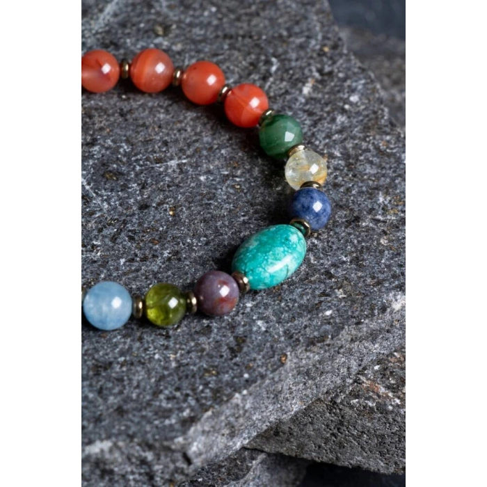 En Değerli Taşlardan Çakra Bilekliği Yemen Akiği, Yakut, Mavi Safir, Beyaz Topaz, Kiyanit, Zümrüt, Turkuaz, Zebercet