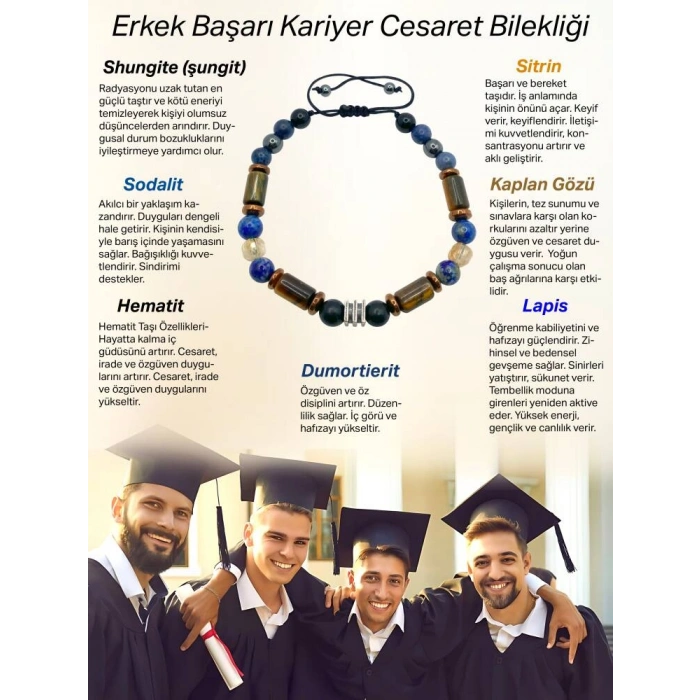Erkek Başarı Kariyer Cesaret Bilekliği Shungite (Şungit) - Sodalit - Hematit - Lapis - Dumortierit - Kaplan Gözü - Sitrin
