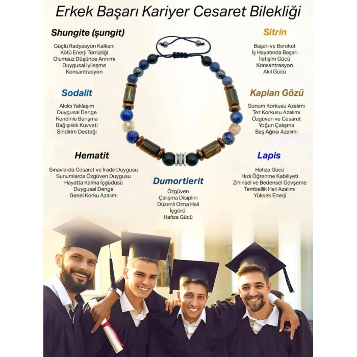 Erkek Başarı Kariyer Cesaret Bilekliği Shungite (Şungit) - Sodalit - Hematit - Lapis - Dumortierit - Kaplan Gözü - Sitrin