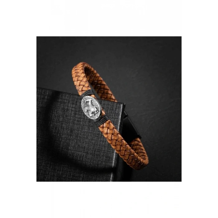 Erkek Bilekliği Kahverengi Deri Örgü Gümüş Bileklik