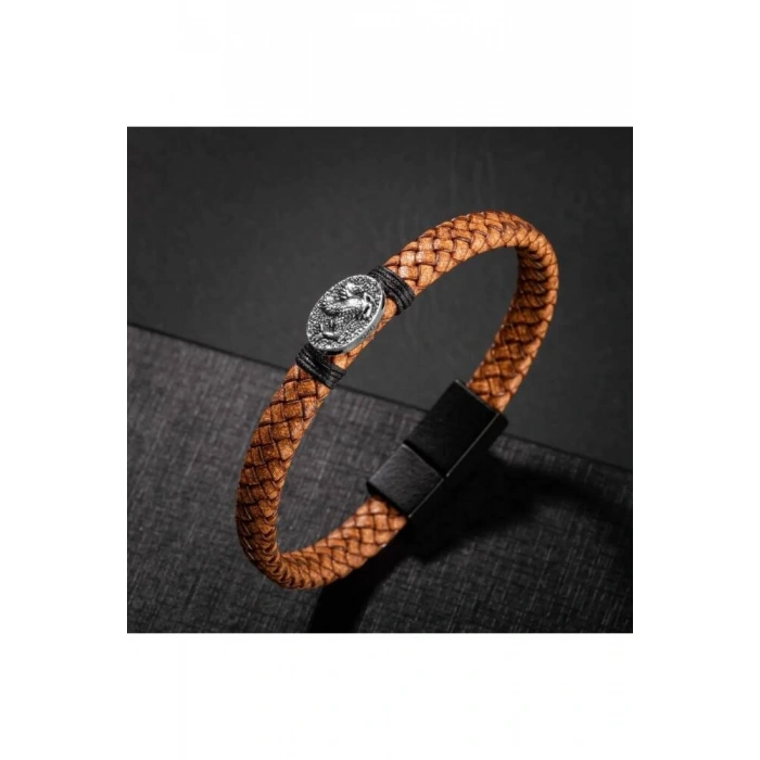 Erkek Bilekliği Kahverengi Deri Örgü Gümüş Bileklik