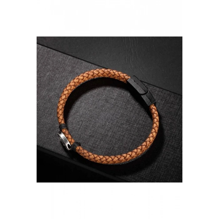 Erkek Bilekliği Kahverengi Deri Örgü Gümüş Bileklik