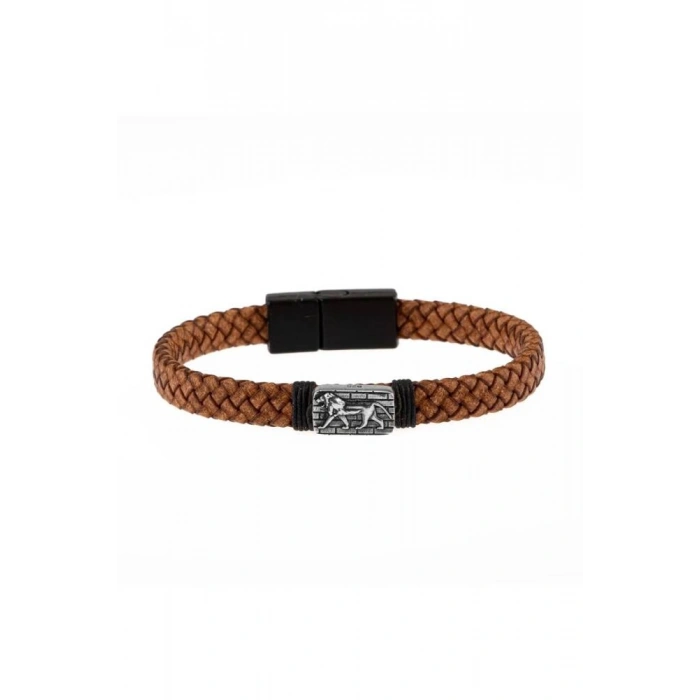 Erkek Bilekliği Kahverengi Deri Örgü Gümüş Bileklik