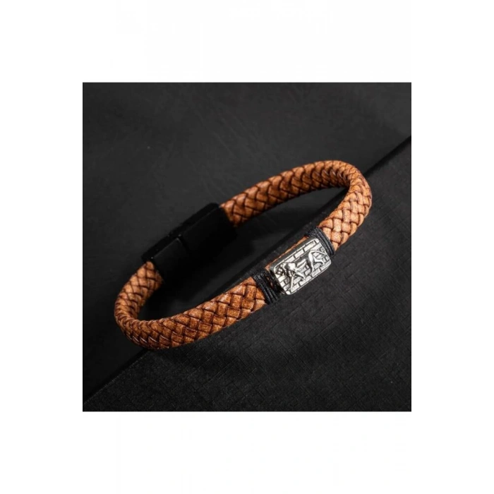 Erkek Bilekliği Kahverengi Deri Örgü Gümüş Bileklik