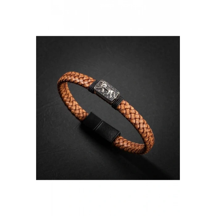 Erkek Bilekliği Kahverengi Deri Örgü Gümüş Bileklik