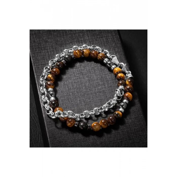 Erkek Bilekliği Kaplan Gözü Hematit Doğal Taş Gümüş Bileklik