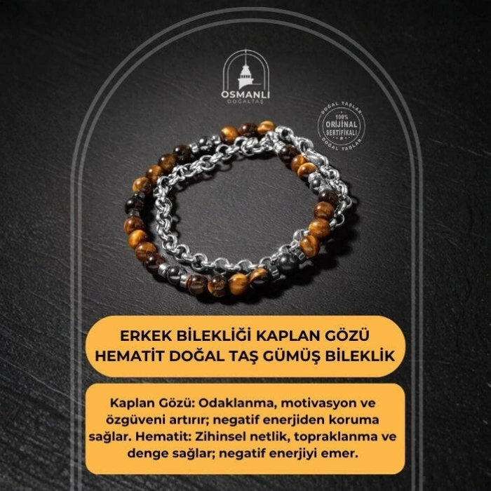 Erkek Bilekliği Kaplan Gözü Hematit Doğal Taş Gümüş Bileklik