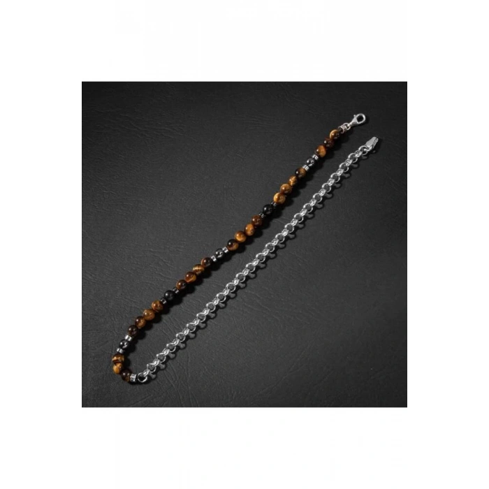 Erkek Bilekliği Kaplan Gözü Hematit Doğal Taş Gümüş Bileklik