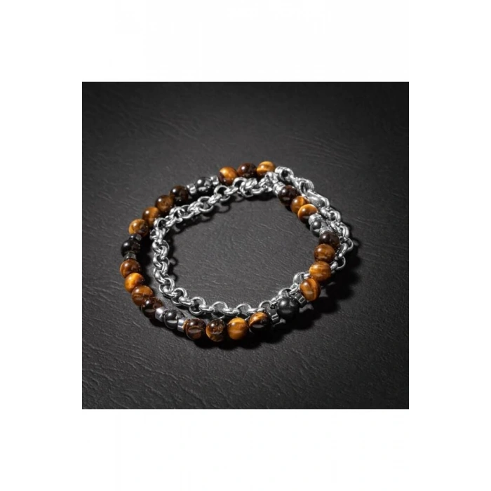 Erkek Bilekliği Kaplan Gözü Hematit Doğal Taş Gümüş Bileklik